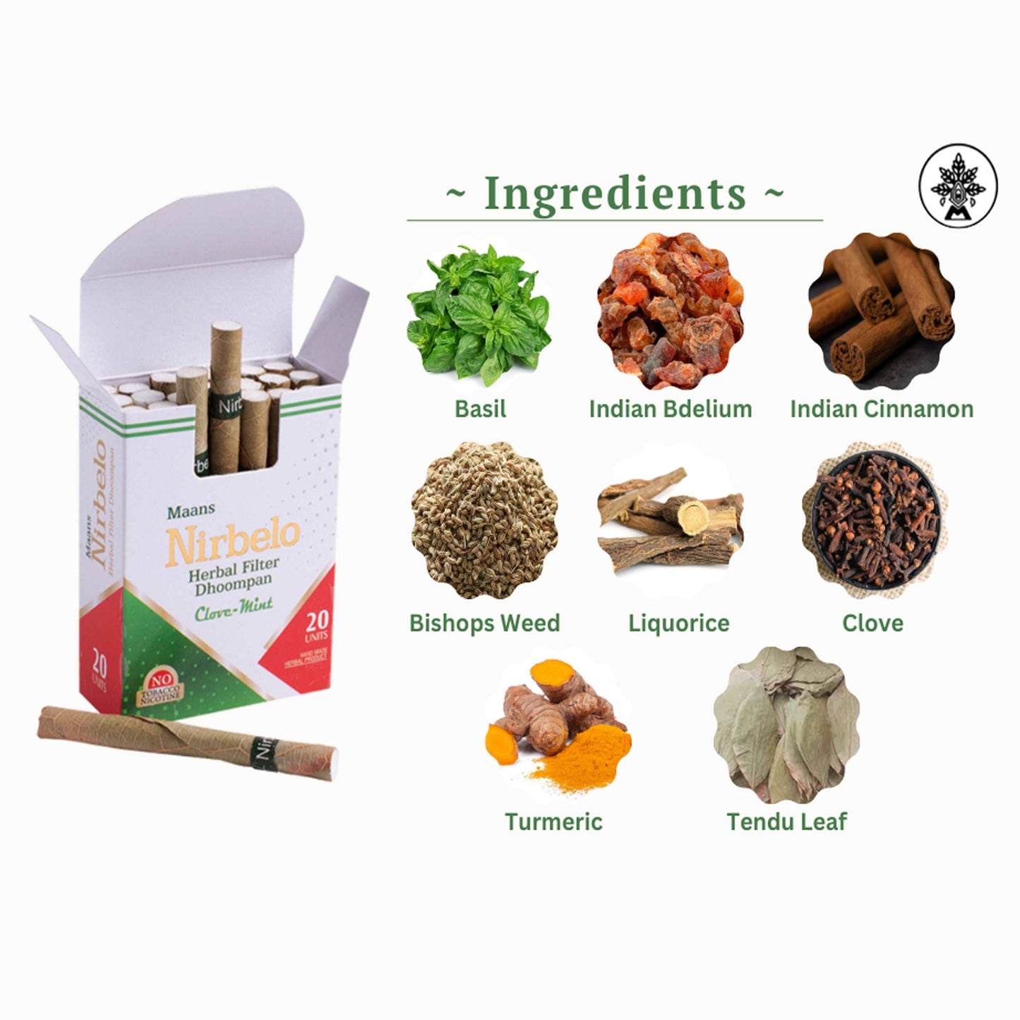 Nirbelo Herbal Filter Dhoompan Clove Mint Flavor 100% Tobacco Free & Nicotine Free Cigarette Natural Organic Ingredients for Quit Smoking & Nature's Alternative to Tobacco