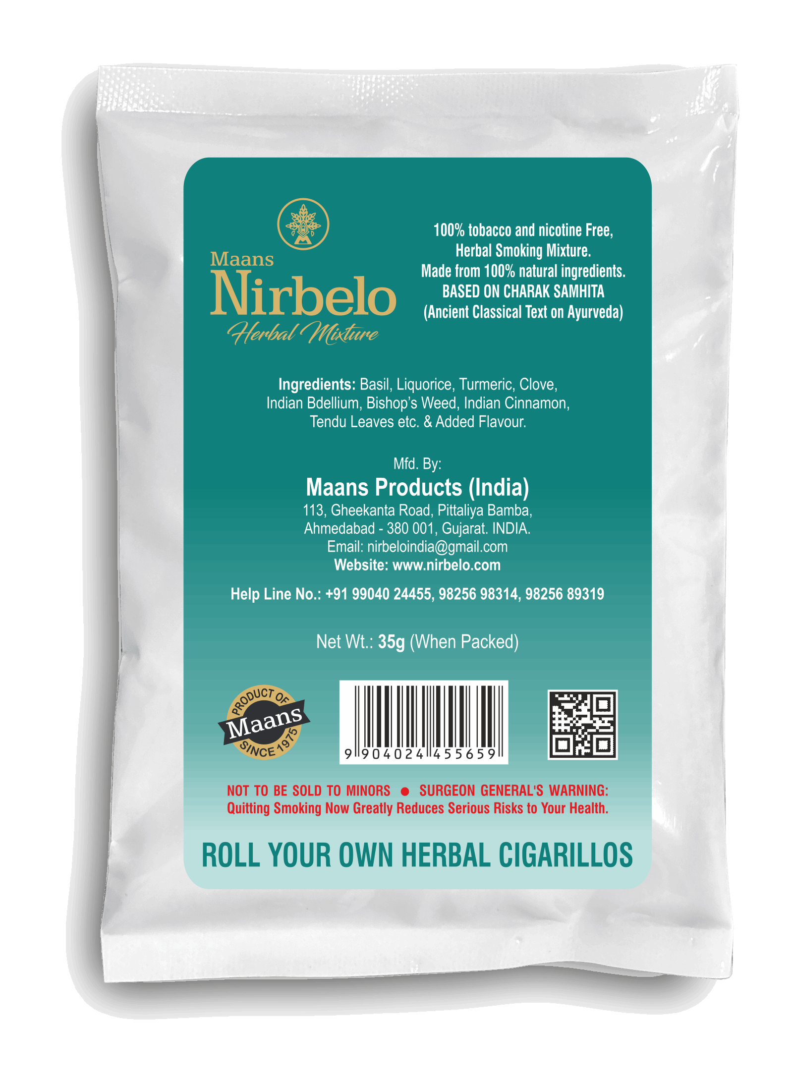 Nirbelo Herbal Raw Mixture Icey Mint Flavor 100% Tobacco Free & Nicotine Free Natural Organic Ingredients for Quit Smoking & Nature's Alternative to Tobacco
