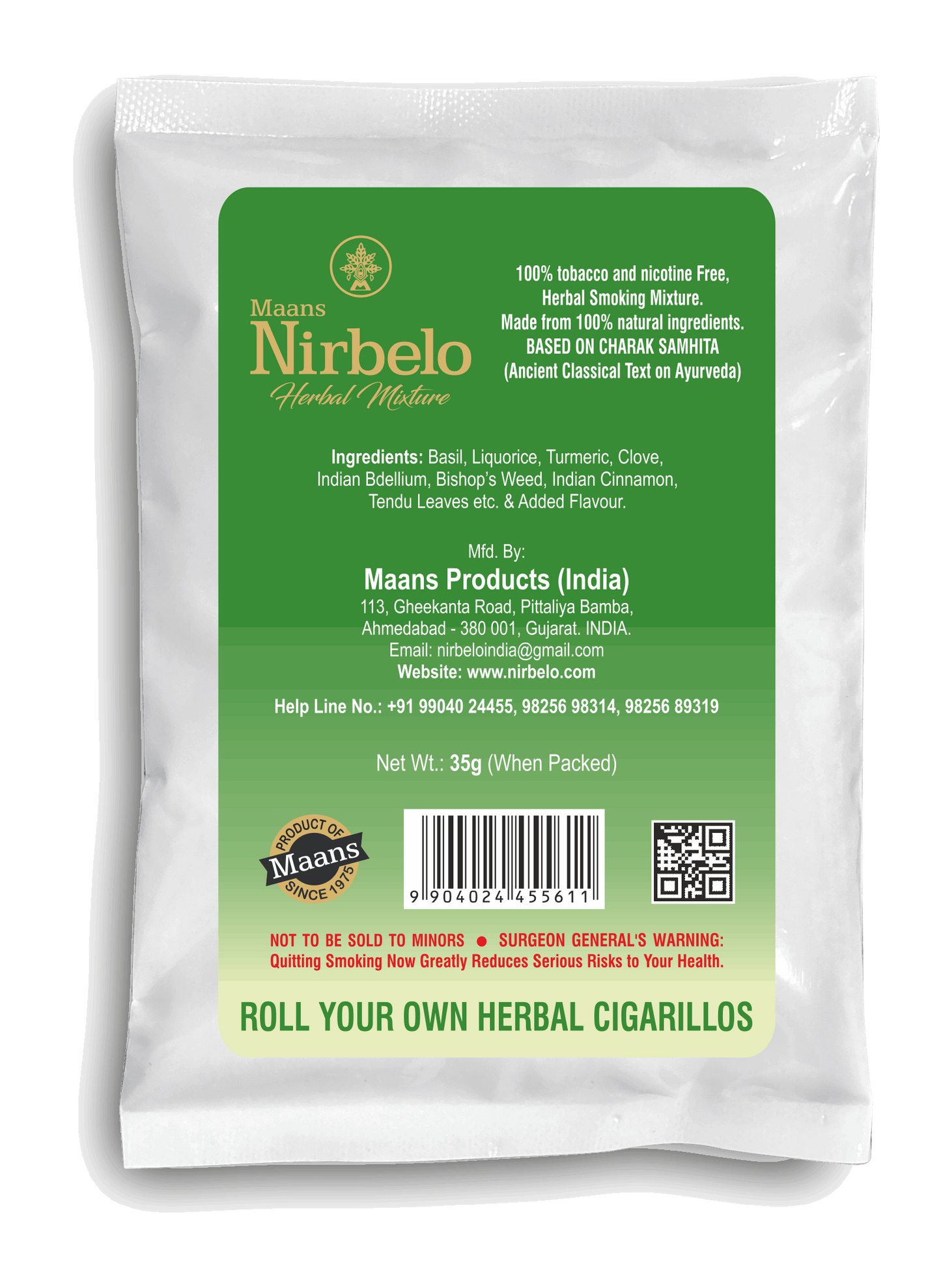 Nirbelo Herbal Raw Mixture Basil Flavor 100% Tobacco Free & Nicotine Free Natural Organic Ingredients for Quit Smoking & Nature's Alternative to Tobacco