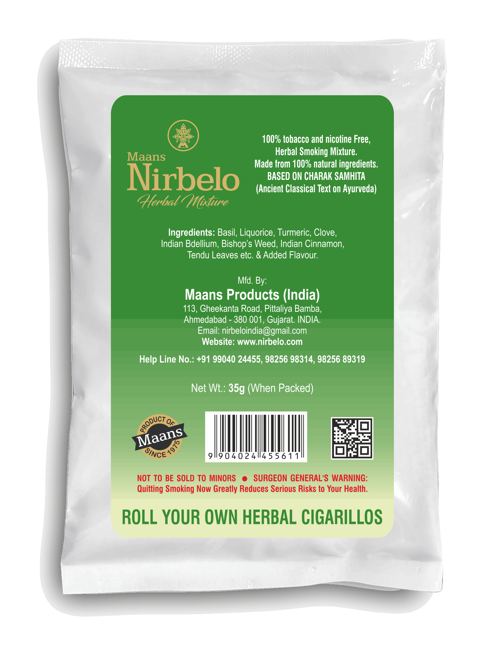 Nirbelo Herbal Raw Mixture Basil Flavor 100% Tobacco Free & Nicotine Free Natural Organic Ingredients for Quit Smoking & Nature's Alternative to Tobacco