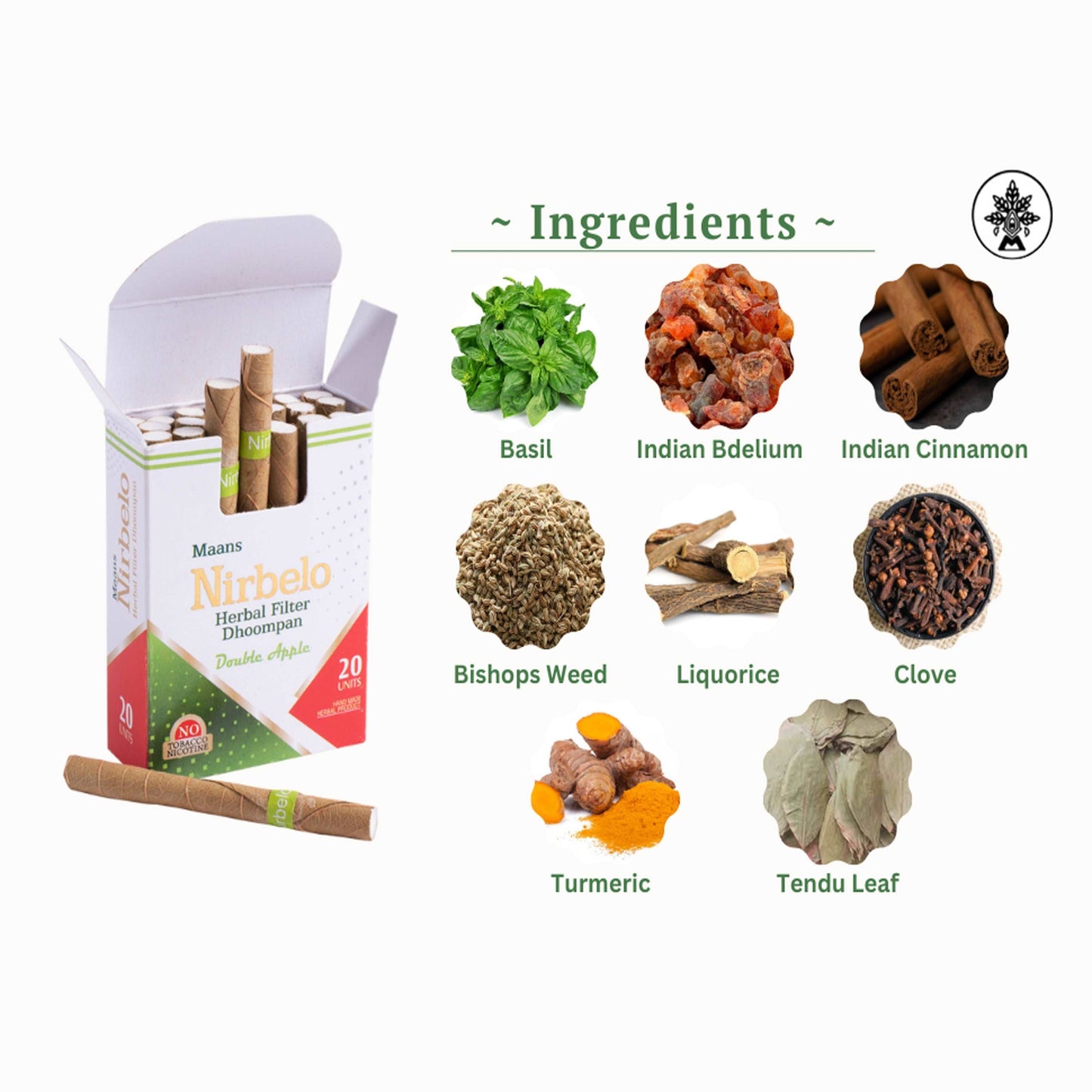 Nirbelo Herbal Filter Dhoompan Double Apple Flavor 100% Tobacco Free & Nicotine Free Cigarette Natural Organic Ingredients for Quit Smoking & Nature's Alternative to Tobacco