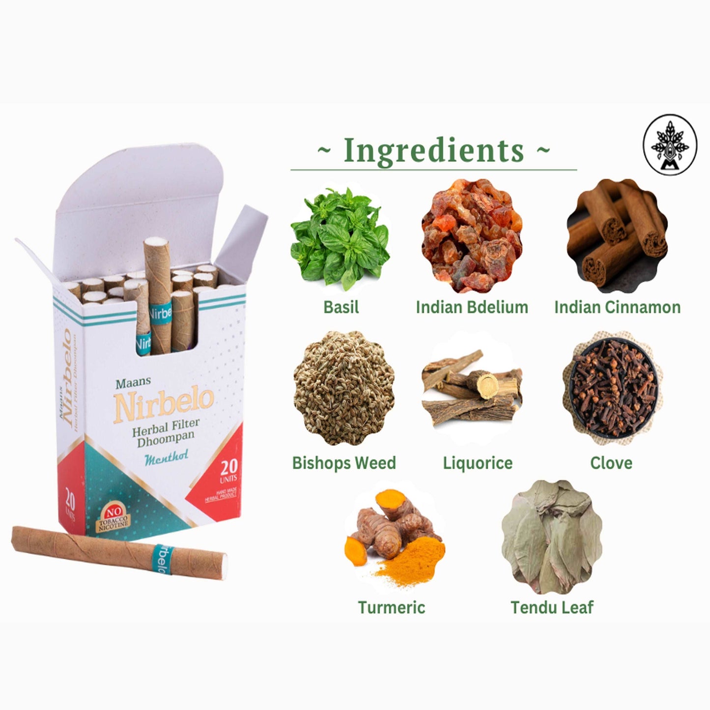 Nirbelo Herbal Filter Dhoompan Icey Mint Flavor 100% Tobacco Free & Nicotine Free Cigarette Natural Organic Ingredients for Quit Smoking & Nature's Alternative to Tobacco