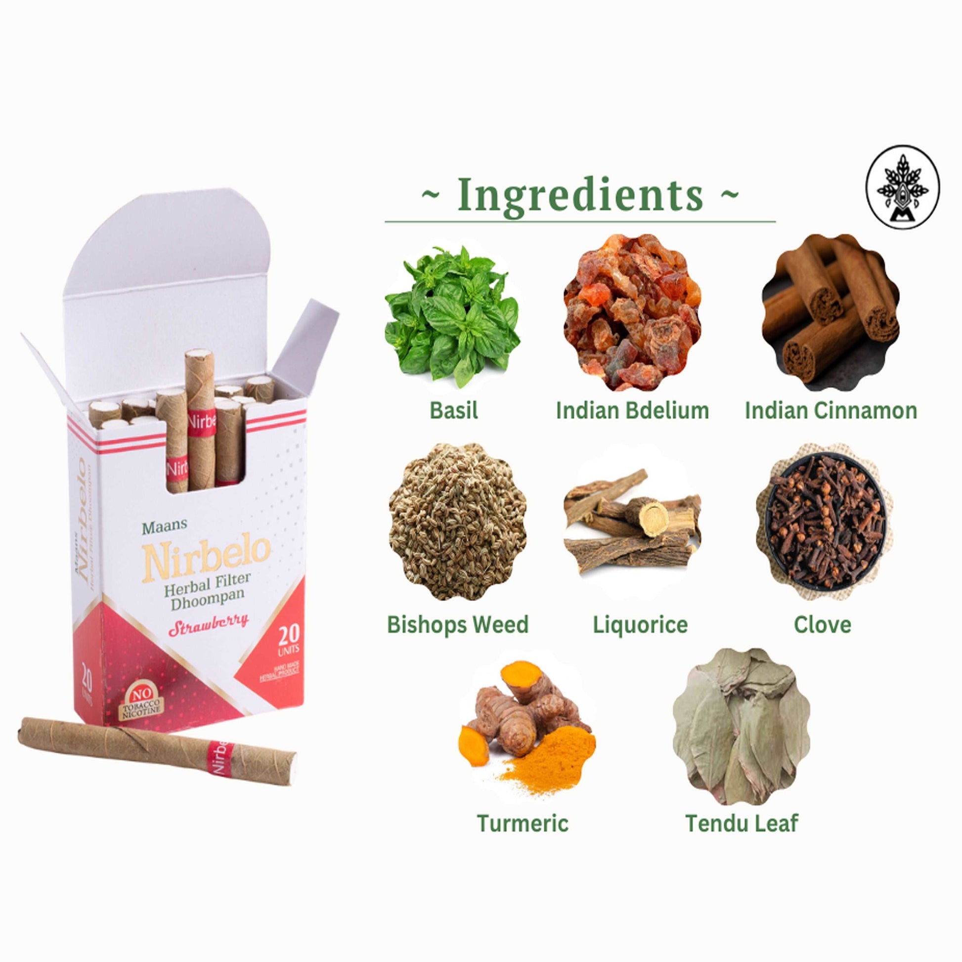 Nirbelo Herbal Filter Dhoompan Strawberry Flavor 100% Tobacco Free & Nicotine Free Cigarette Natural Organic Ingredients for Quit Smoking & Nature's Alternative to Tobacco